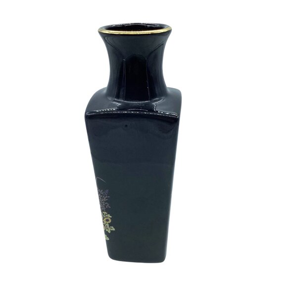Vintage Imperial Dynasty by MANN Black Porcelain Vase Gold Trim Floral Design 7" - Picture 2 of 7